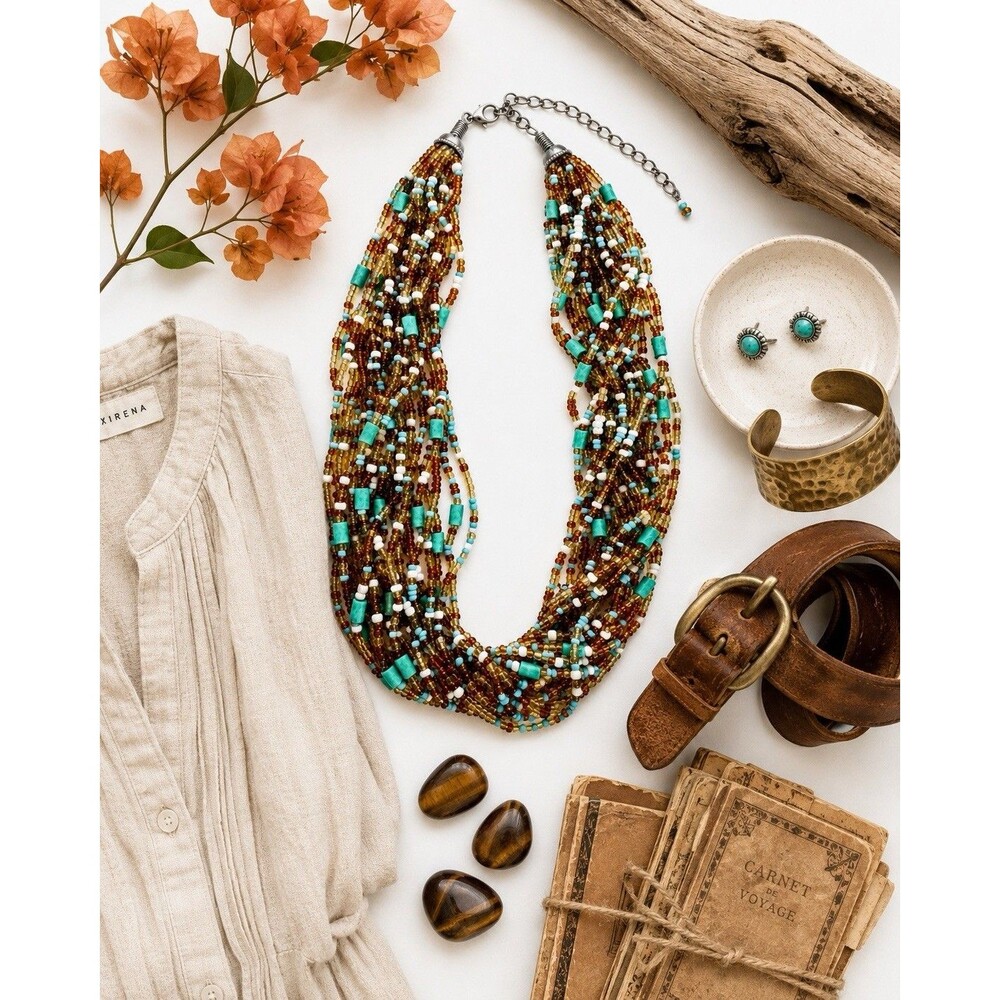 Boho Multi Strand Seed Bead Necklace Brown Turquoise Statement Southwest 22